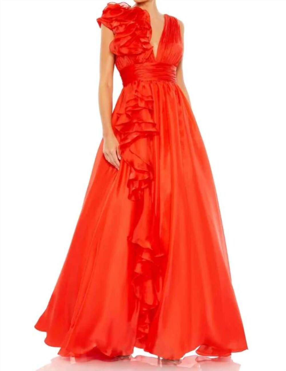 NEW MAC DUGGAL ruffle detailed evening gown in cherry red
